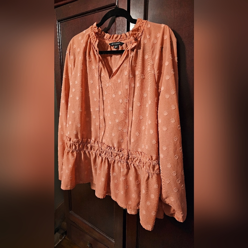 Rachel & Zoe XL Smocked Peplum Ruffled Swiss Dot Blouse Mandarin Collar NWOT - Picture 13 of 13